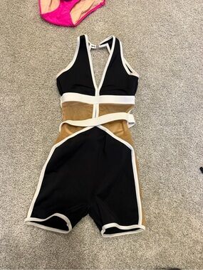 Black and Tan Mesh Trim dance leotard